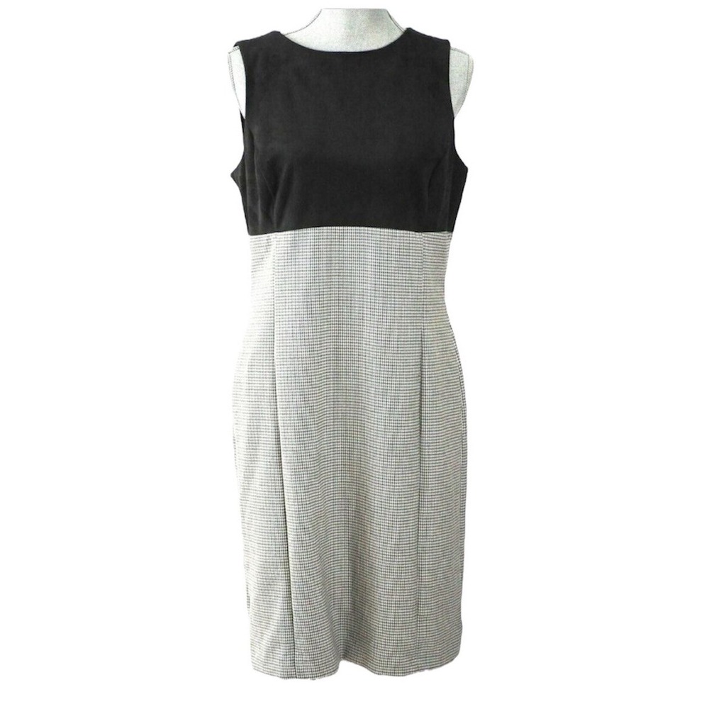 LAUREN RALPH LAUREN Black Suede Bodice Houndstooth Print Sleeveless‎ Dress Sz 16